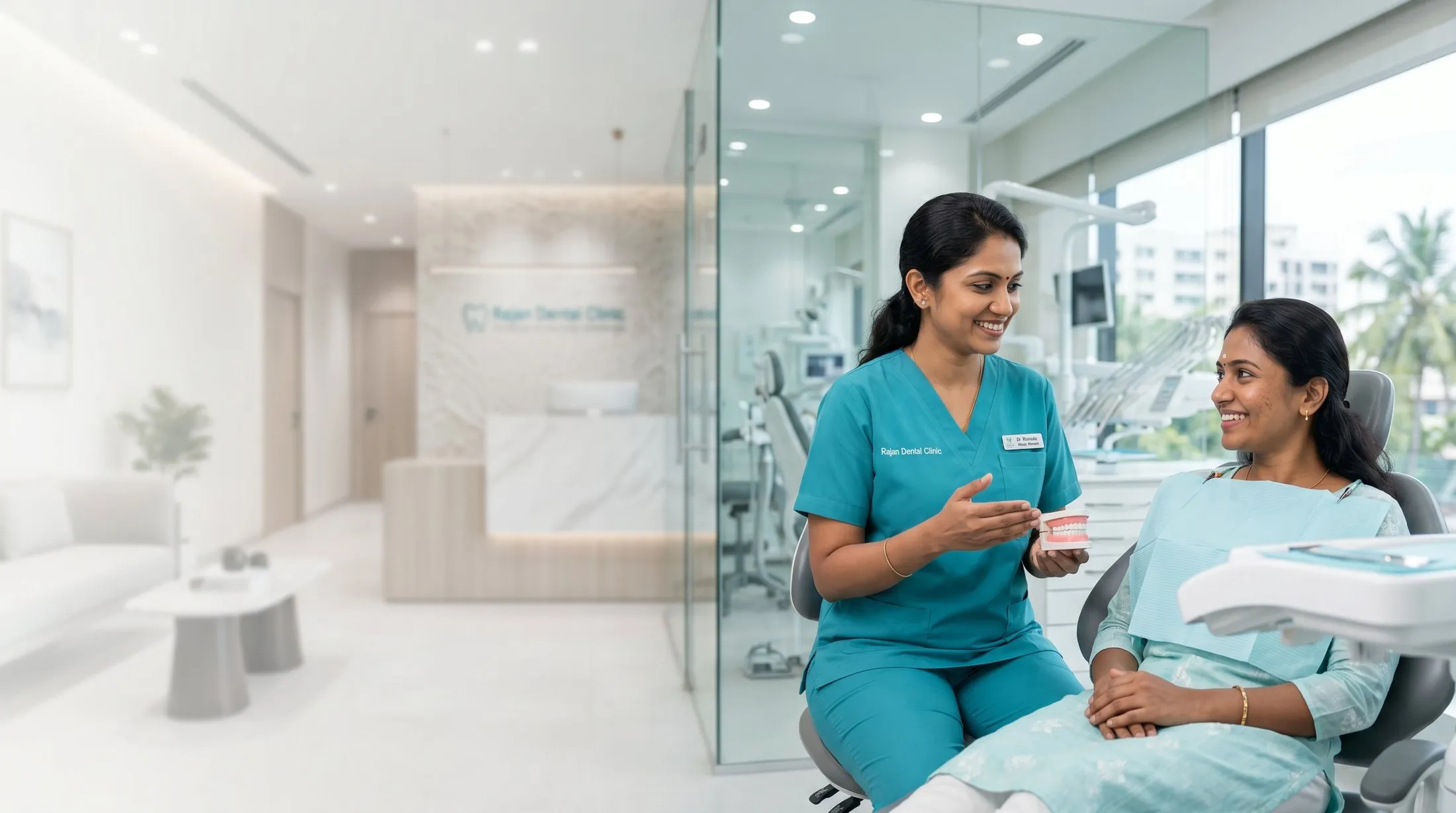 A friendly dentist gently treating a smiling patient at Rajan Dental Clinic, Chennai